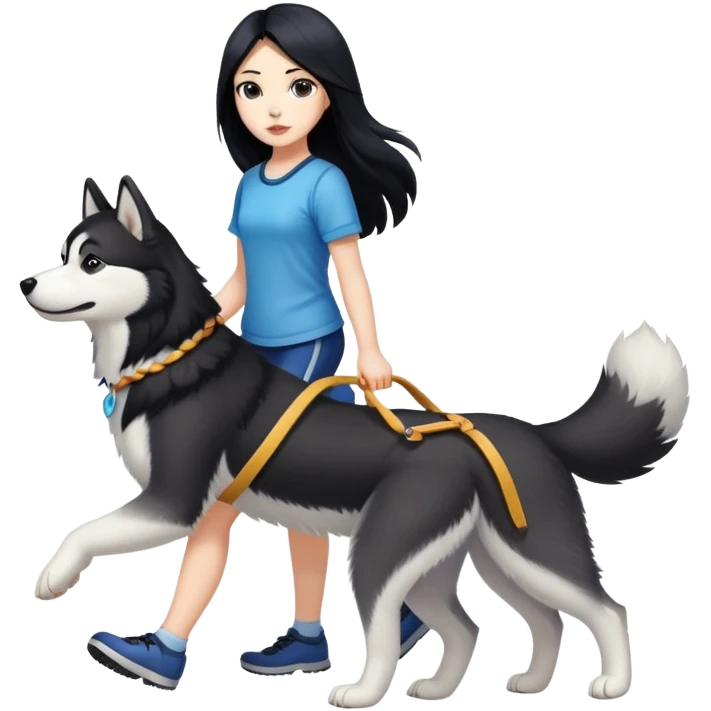 A girl with long black hair walks a husky emoji