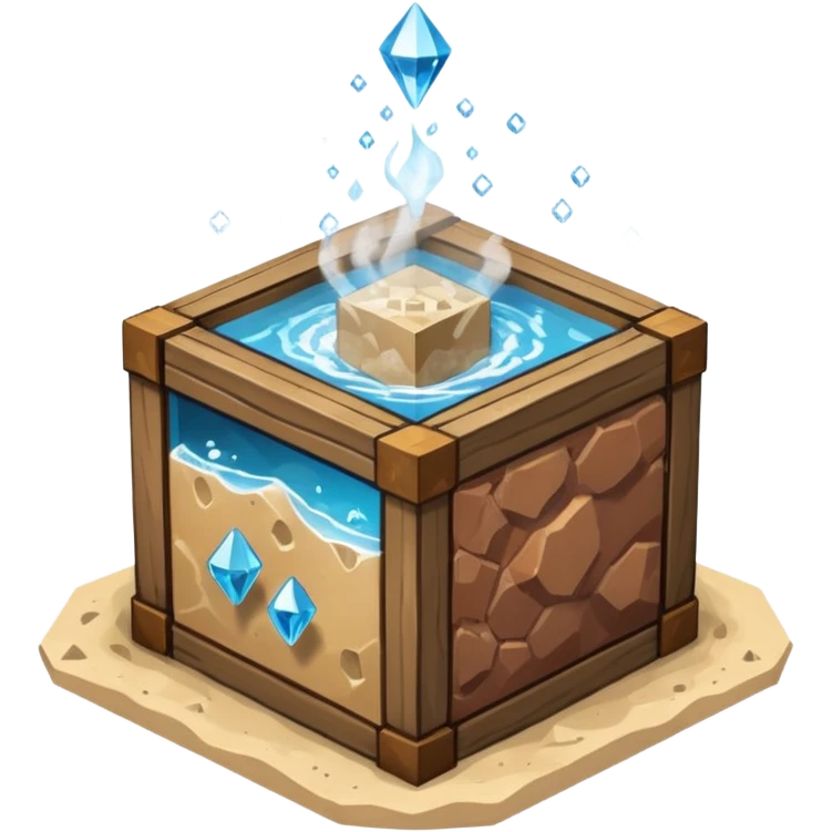 crafting table with tools, stone, wood, glass, sand, steam, water, diamonds... like a minecraft style cube crafting table  emoji
