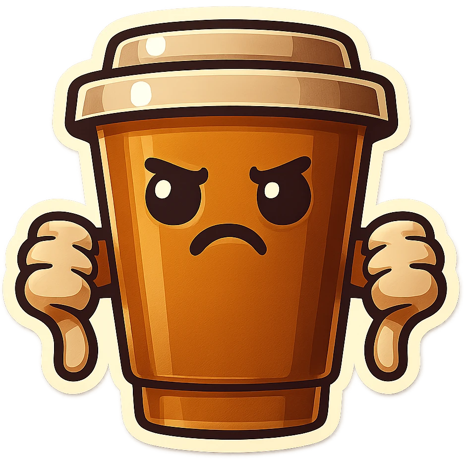 Tall coffee cup, no mouth, big thumbs doen emoji
