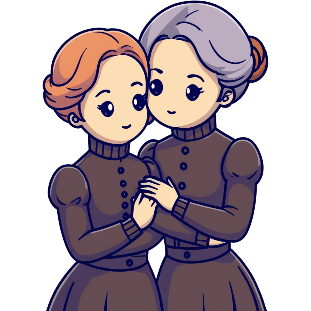 Two Victorian women in a sad intimate hug, one with white coiffed hair and one with copper coiffed hair, both with grey eyes, wearing Victorian turtleneck dresses emoji