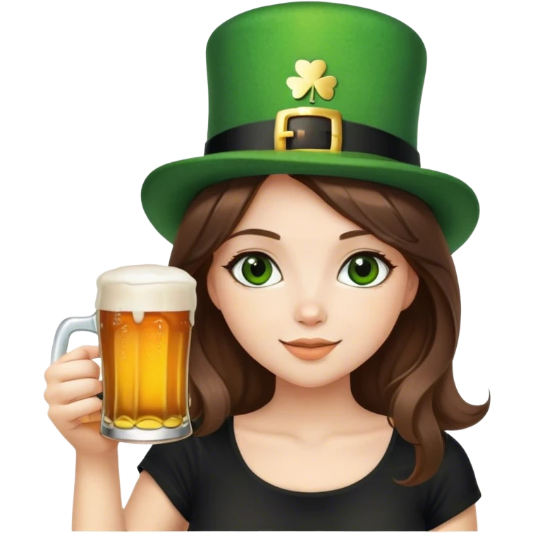 brunette hair down girl black top holding a beer make her st. pattys themed emoji