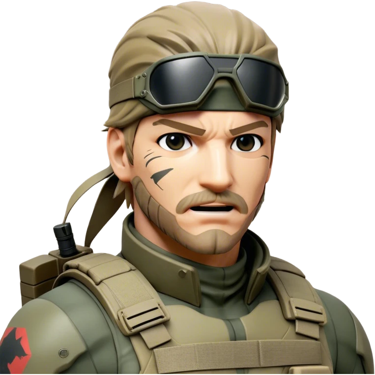 Cinematic Realistic Metal Gear Solid Snake Soldier Portrait, head tilted dramatically with an exaggeratedly amused expression, blending stealthy seriousness with a touch of unexpected humor. His rugged features, set against intricately detailed tactical gear in muted earth tones, are rendered with lifelike texture and dynamic lighting, high shine, dramatic yet whimsical, capturing the essence of a soldier whose epic covert skills are matched by a playful, irreverent spark. emoji