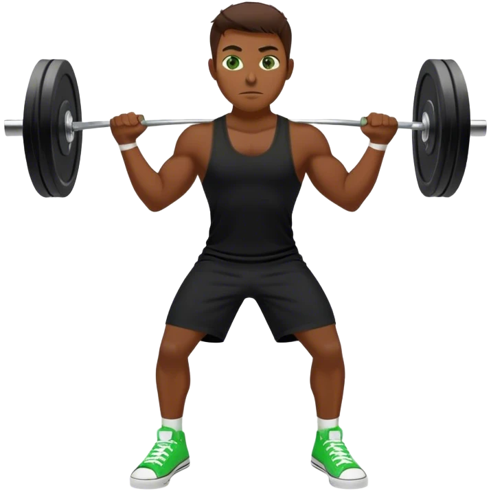 tanned guy green eyes black clothes white converse shoes clean and jerk exercise emoji