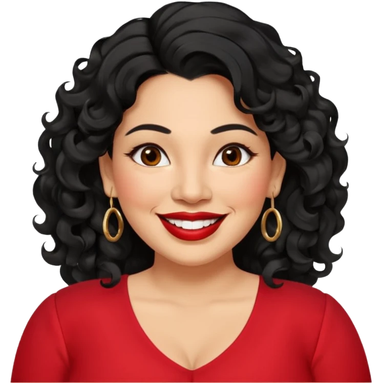 40 yr old Mexican woman, slightly chubby, wavy/curly long black hair, red lipstick, big smile, white teeth, brown eyes, hoop earings, side part to hair, round face, nice blouse, no wrinkle hair side swept, big hoop earing emoji