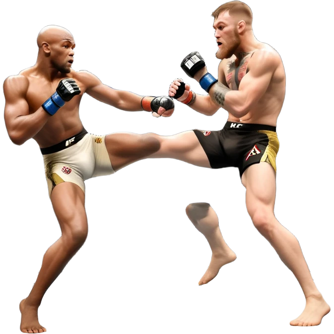 An MMA showdown between Conor McGregor and Anderson Silva in the octagon. McGregor is executing a powerful jumping strike, while Silva is expertly blocking the attack with his forearm. The background features the UFC octagon, fans in the distance, and dynamic action. Transparent background emoji