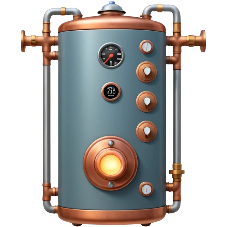 3D Pixar-style water heater unit with copper pipes and control knob, emitting a warm glow, realistic textures but friendly tone, front-facing, isolated on white

 emoji