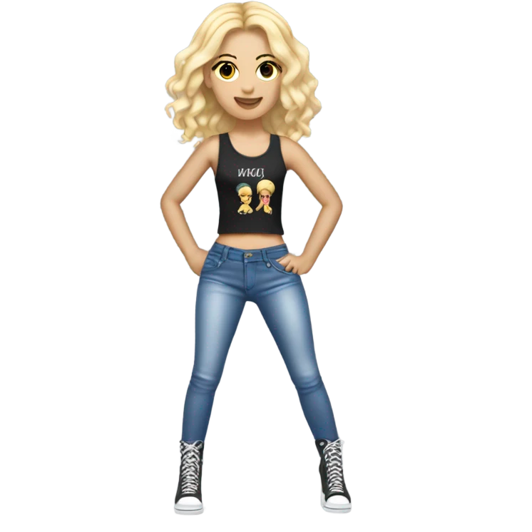 A blonde girl with short hair wearing a Shakira lace up croc top and short jeans and high heels  emoji