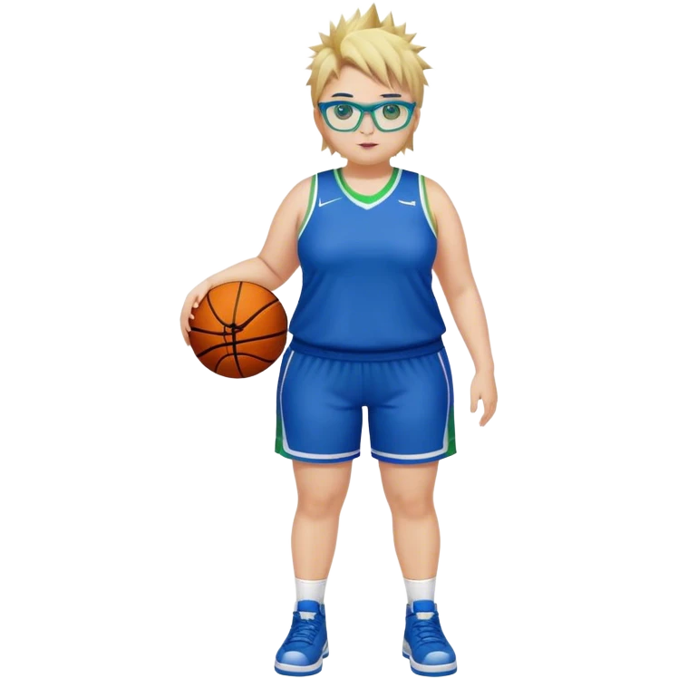 Full Body white plus size Girl with basketball spikey short brown and blonde hair  wearing blue glasses with green eyes wearing basketball uniform emoji