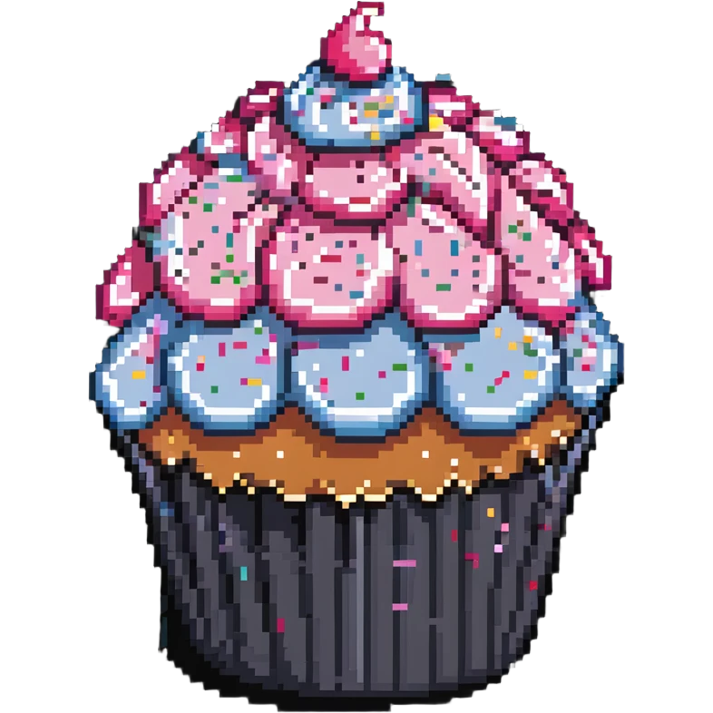 giant cupcake with pink icing and colorful sprinkles in pixel art style emoji