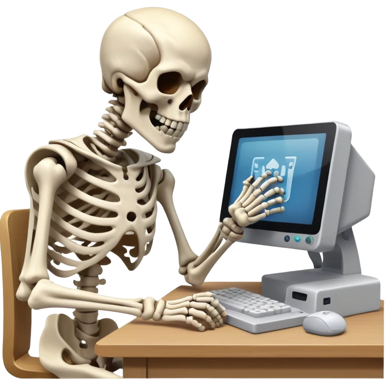 Skeleton punching his computer at his desk while raging at video game emoji