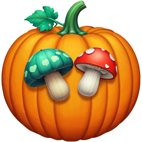 A pixel art heart with a mushroom on one side and a pumpkin on the other emoji