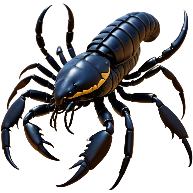 Cinematic Noble Emperor Scorpion Portrait Emoji, Poised and formidable, with a robust, armored build and a glossy, jet-black exoskeleton accented by striking, segmented pincers, deep-set piercing eyes, Simplified yet sharp and sophisticated features, highly detailed, glowing with a cool, dignified glow, high shine, intelligent and imposing, stylized with an air of ancient desert majesty, focused and attentive, soft glowing outline, capturing the essence of a watchful and commanding scorpion that feels as though it could silently creep out of the screen with effortless authority! emoji