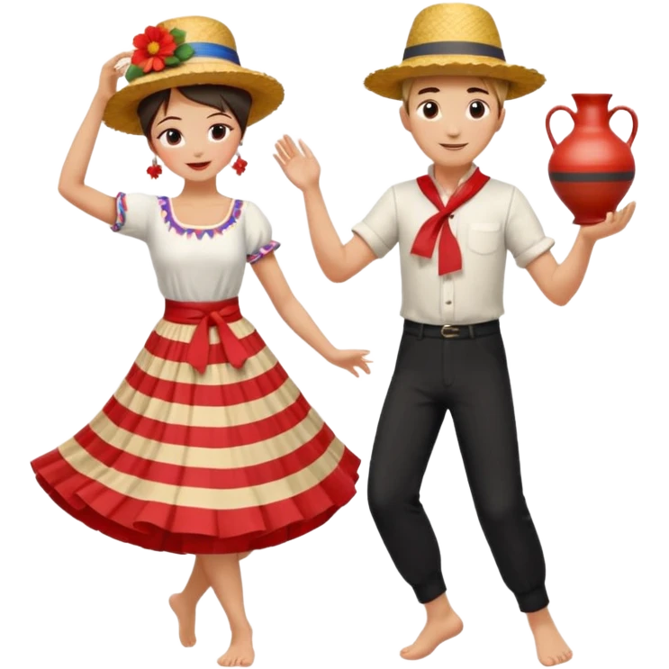 folkloric dancers barefoot man with straw hat white shirt black pants color striped sash dancing with barefoot woman in red folk skirt white blouse updo hair flower headdress balancing pottery vase on her head emoji