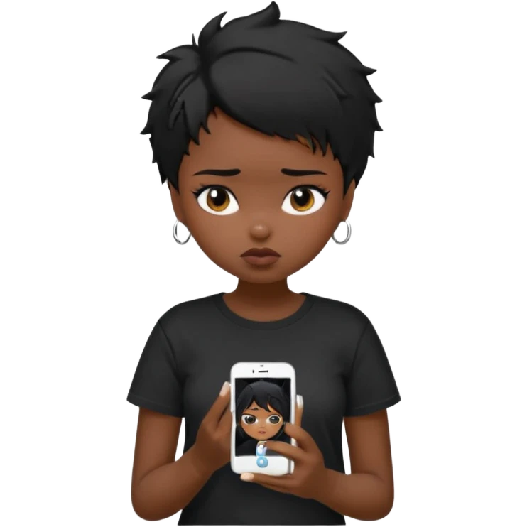 generate a pretty bratz girl with short black very messy hair, looking tired and using her phone, wearing an oversized black tshirt emoji