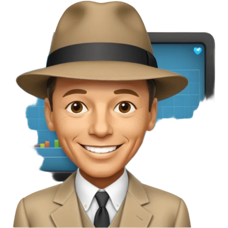 Frank Sinatra with the hat on, smiling and showing data analytics on a screen in the background emoji