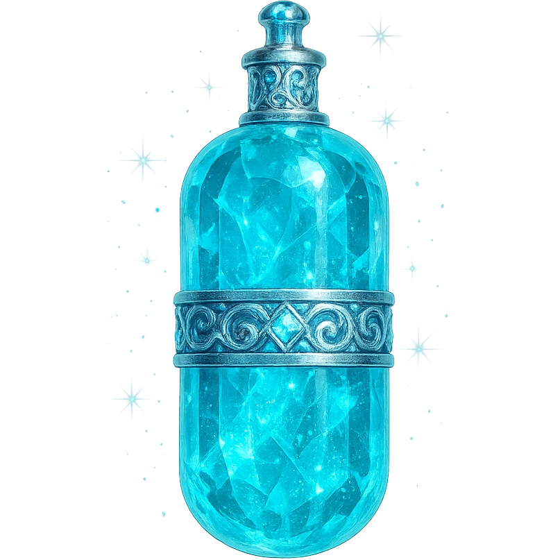 luxurious crystal elixir bottle in capsule (tablet) shape, cyan color, ornate silver and iridescent details, maximum magical glowing and sparkling effects, very small neck, seamless bottom, transparent background, bottle clearly floating in air, no base or shadow, modern, collection style emoji