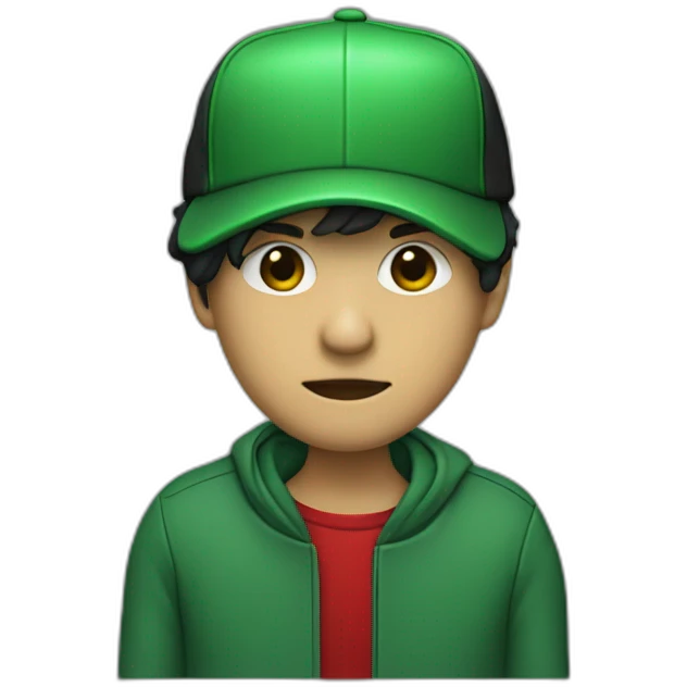 Someone with green skin no face green jacket black pants and a black cap with a Red R on it emoji
