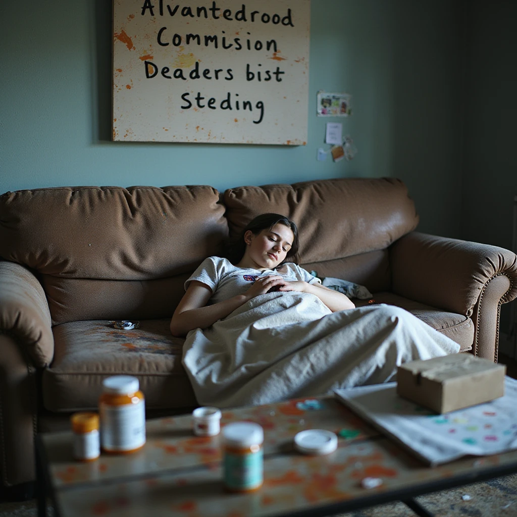 young artist asleep on a paint-stained couch, unfinished commission deadline written above her, medication bottles and a heating pad arranged nearby like war supplies, hyperrealistic 4K, creative and slightly chaotic atmosphere, visible exhaustion emoji