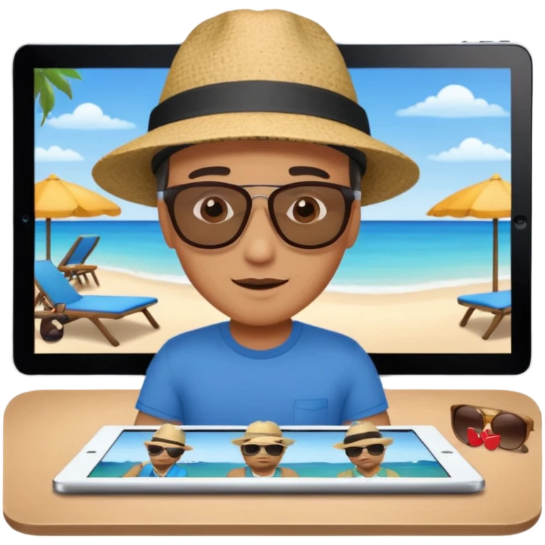 An iPad lying on a desk. On the iPad screen, a video is playing. The video shows a man talking to camera.  emoji