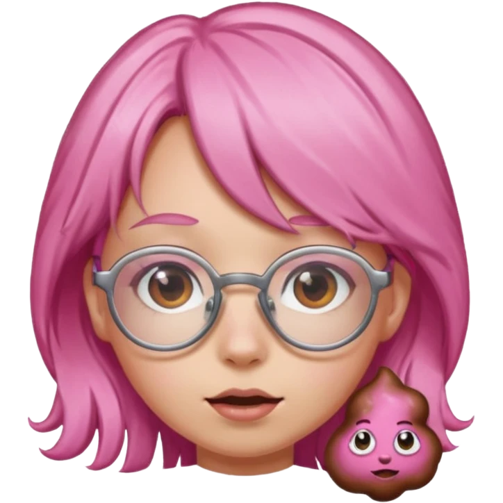 Chica con pelo rosa, gafas de forma de caca y una orquilla de caca emoji