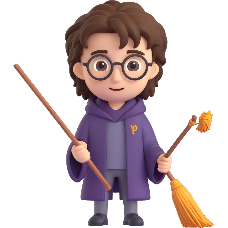 Add a broomstick to Harry Potter, keep messy hair and wand, 3D emoji style emoji