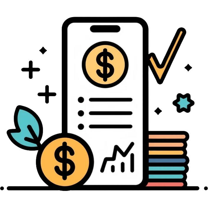 expense tracking app with dollar sign, charts, and coin stack emoji