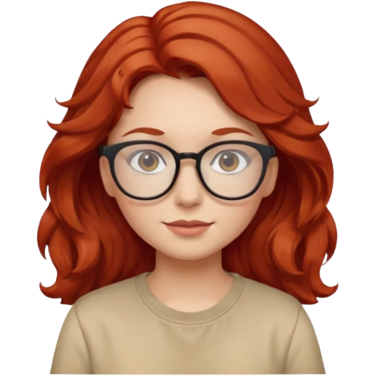girl wear glasses, wavy red hair, beige shirt\ emoji