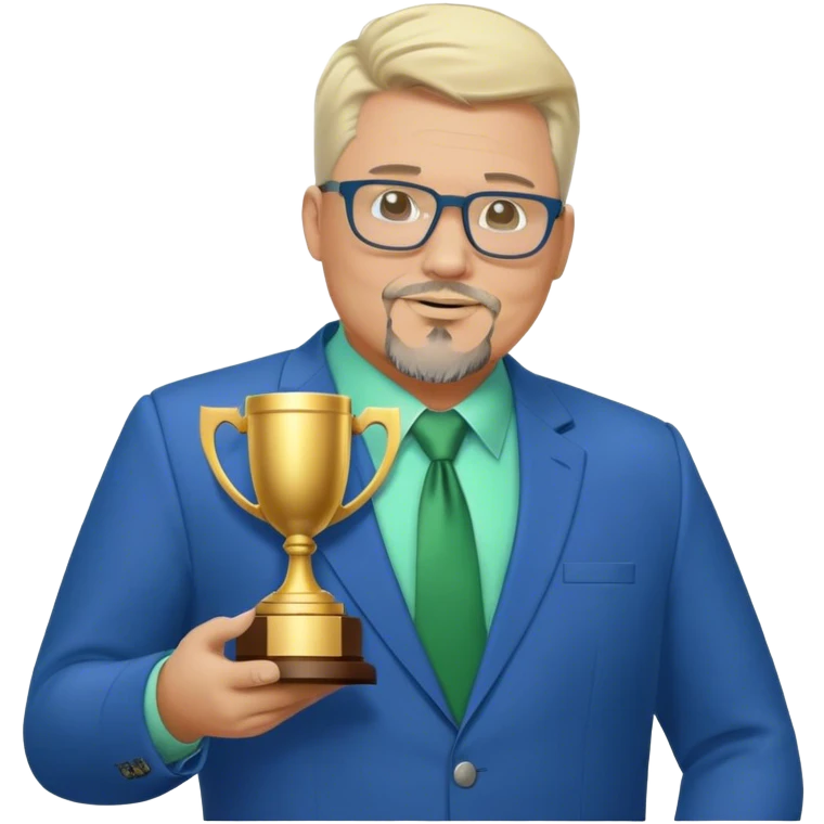 Full Body white middle aged male plus size wearing glasses with a goatee with light blonde and gray very short hair basketball head Coach in blue and green suit holding trophy emoji