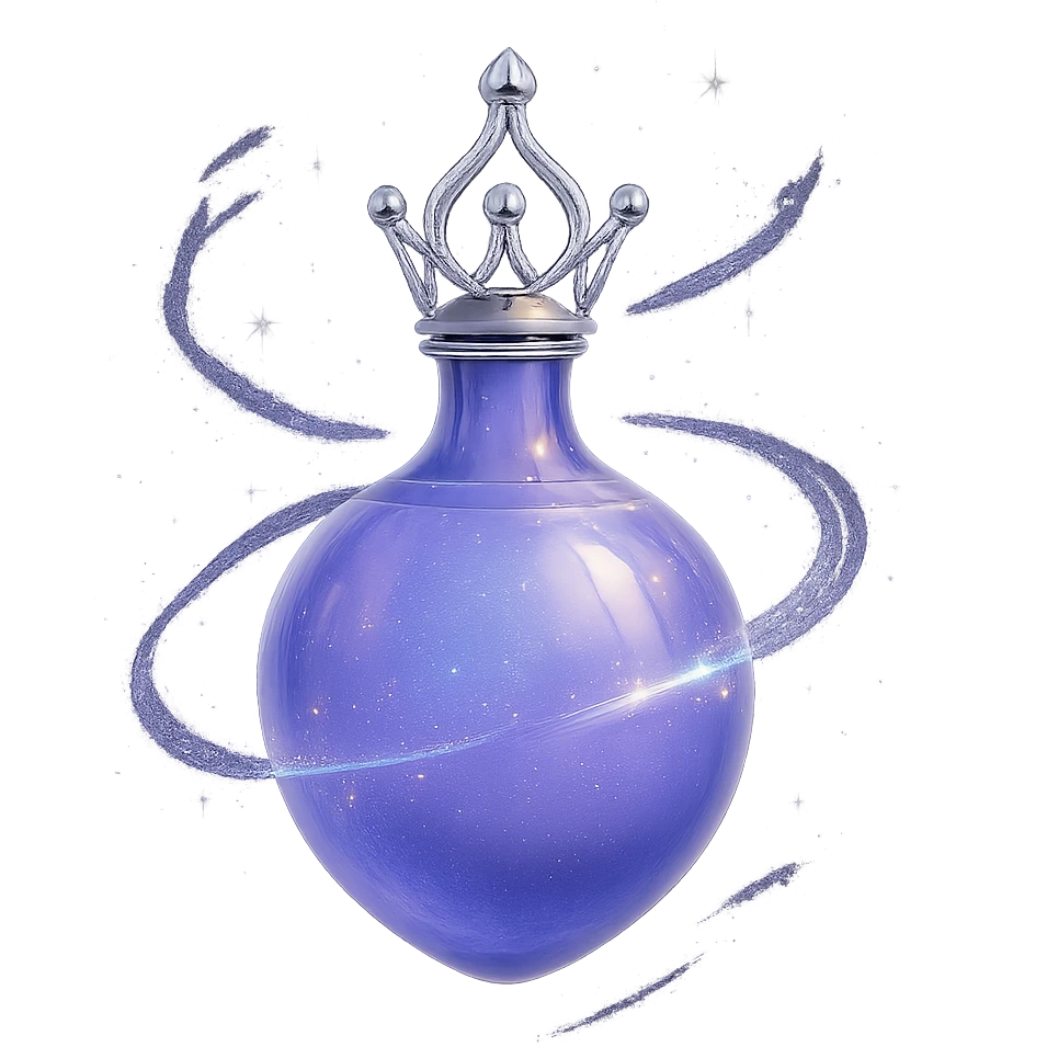 final ultra-luxurious small elixir bottle inspired by a crown shape on top, color #7986cb, bottom merges seamlessly into a rounded, closed bottle (not flat or glass-like), the whole bottle looks like it's floating and swirling in the air, elegant silver and iridescent details, magical glowing and sparkling effects, very small neck, seamless rounded bottom, transparent background, no base or shadow, modern, luxury collection style emoji