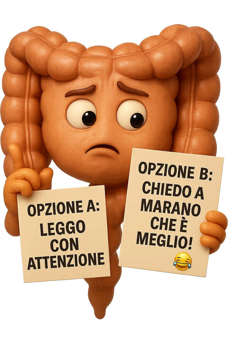SU QUESTO STILE FAI UN EMOJI STILE IPHONE 3D DI UN INTESTINO CHE HA nella mano destra "OPZIONE A: LEGGO CON ATTENZIONE" E NELLA MANO SINISTRA" OPZIONE B: CHIEDO A MARANO CHE è MEGLIO! (METTICI UNO SMILE CON RISATE QUI)", FAGLI UN ESPRESSIONE CONFUSA MENTRE GUARDA L'OPZIONE A E FALLO MOLTO REALISTICO IN 3D emoji