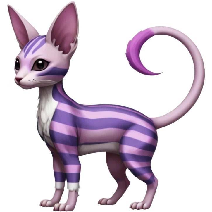 Purple, white, black, Minccino-Sphynx-Lykoi-Linoone-Zangoose-fusion-hybrid-animal-Fakémon-creature, full body, thin long sleek scaly tail, intricate markings emoji