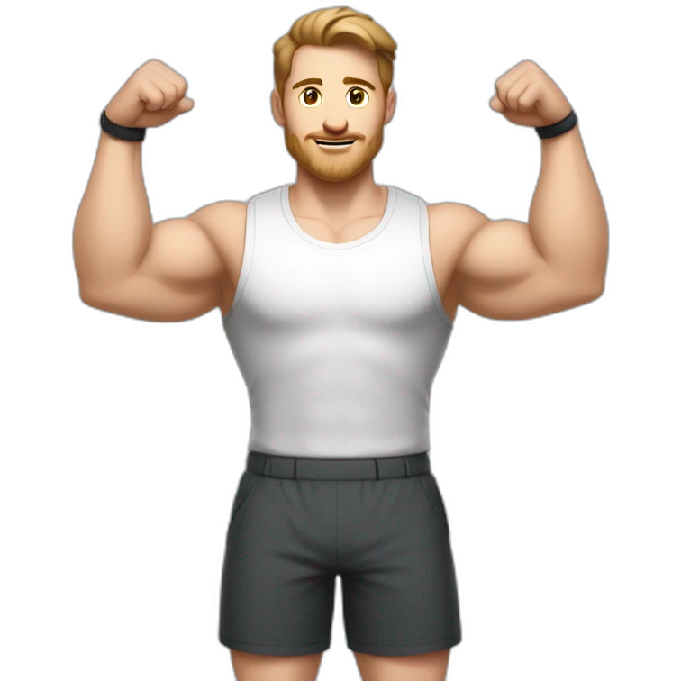 Full height Actively gesturing with hands Pale skinned Fit Man With the biceps and brown hair in dark gray Sleeveless Mike, black oversize sports shorts, watch and white Sneakers emoji