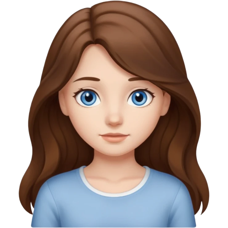 Girl with long brown hair that is slightly curly in the ends, blue-gray eyes and a white top emoji
