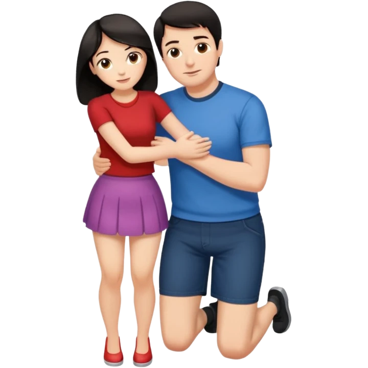  man with dark hair on knees, facing dark haired, middle aged woman in a micro mini skirt, hugging her waist emoji