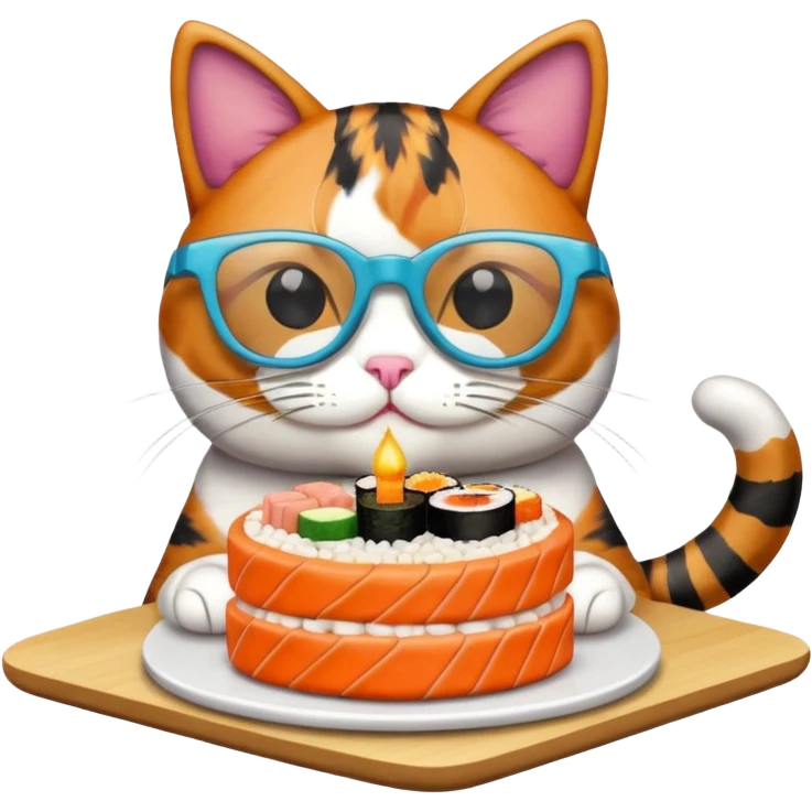 cat with cool square glasses eating a birthday cake made out of sushi emoji