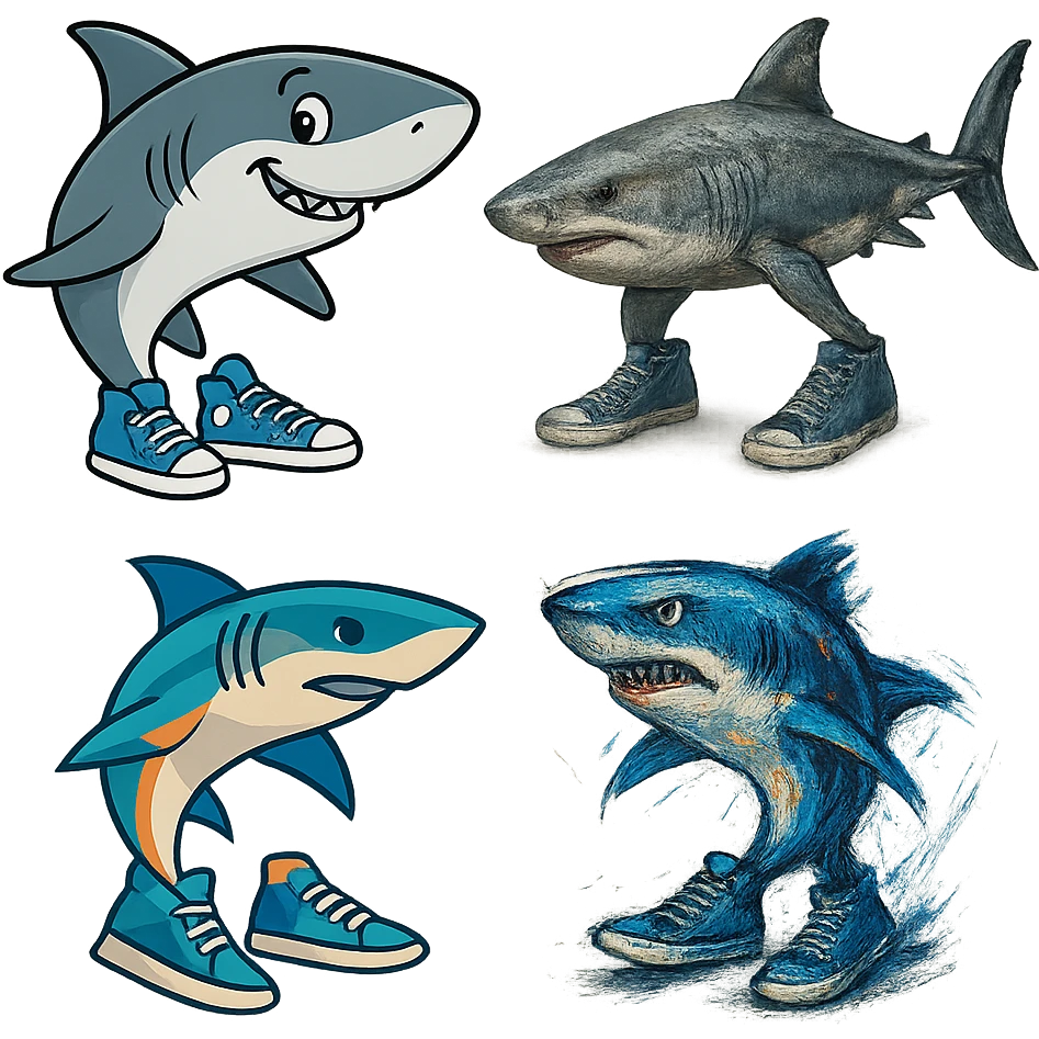 shark wearing blue sneakers, varied style emoji