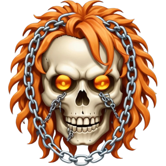 steam-punk Megadeth - iconic mascot skull made of rusty metal with chains on its teeth, huge curly orange hair emoji