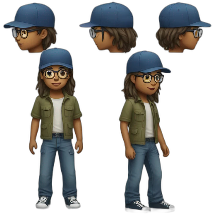 young boy with long hair and cap and Cargo pants and have glasses another hair emoji