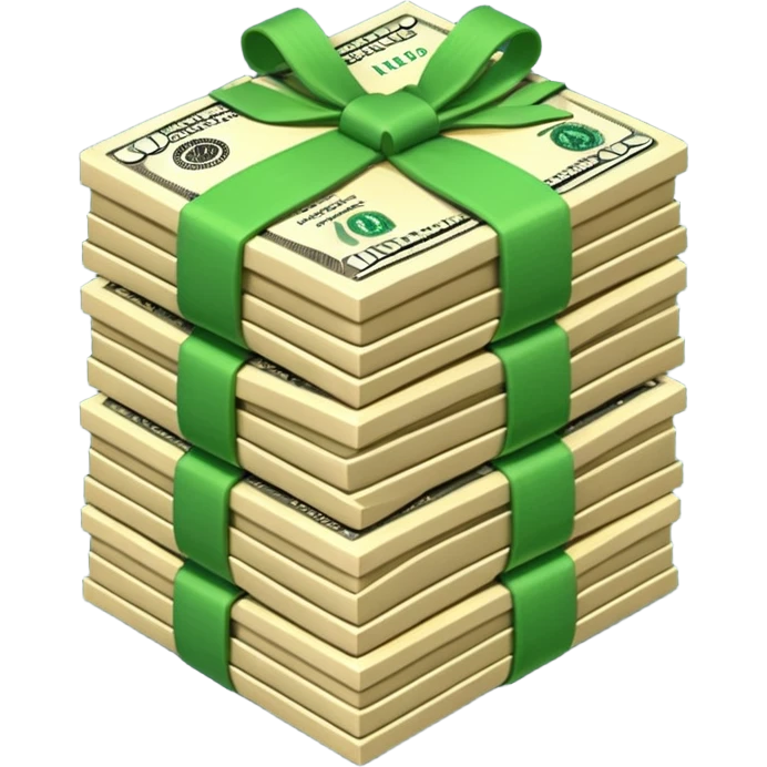 3D icon of stacked US dollar bundles with green straps, isometric view, game style emoji