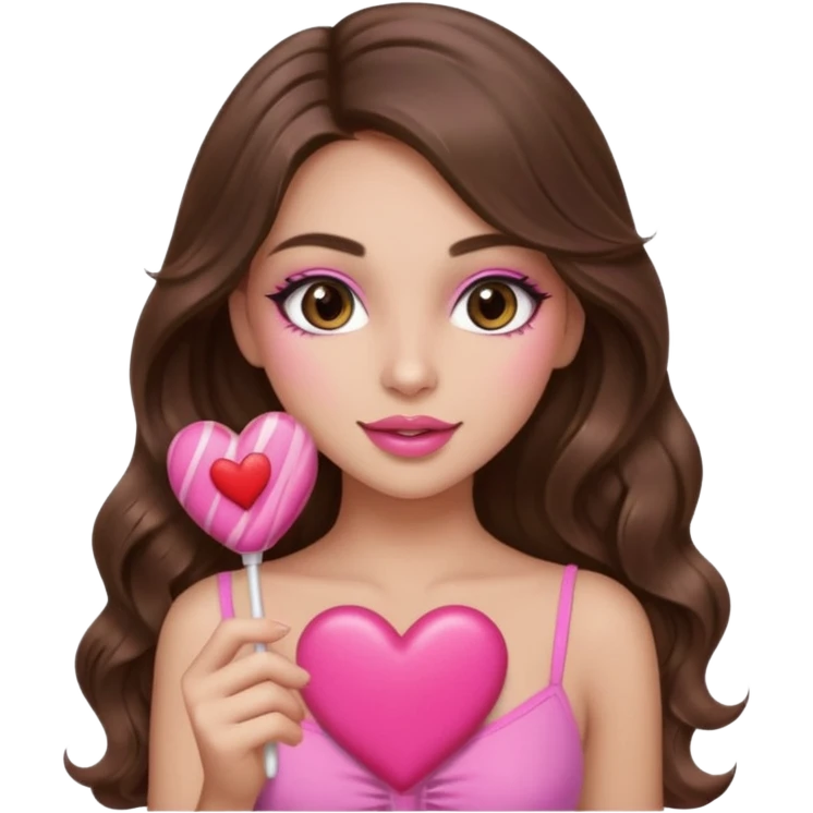 girl with long wavy brown hair, brown eyes, long lashes makeup, sexy pink lips, light to medium complexion, wearing a pink sexy top,, heart lillipop emoji