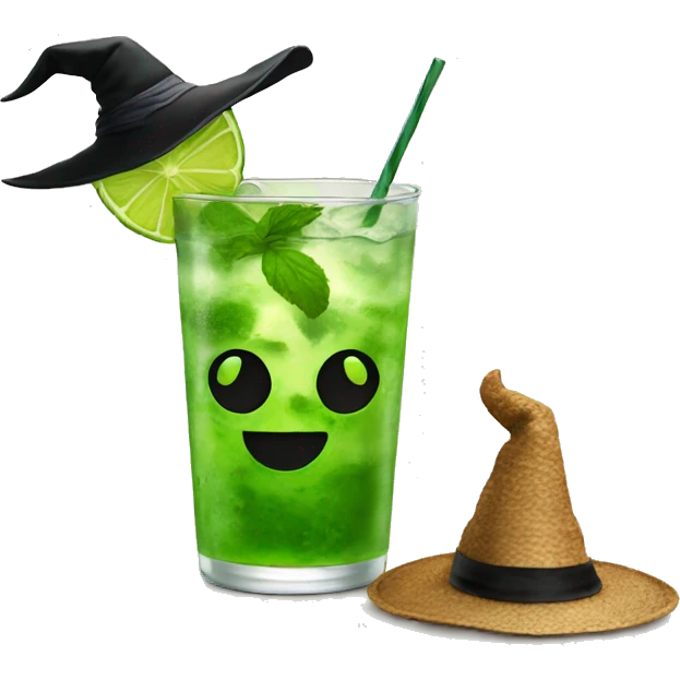 Mojito with witch hat sitting next to cup emoji