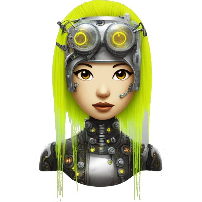 Neon yellow bobbed hair Asian female cyborg head with silver steampunk goggles and circuits emoji
