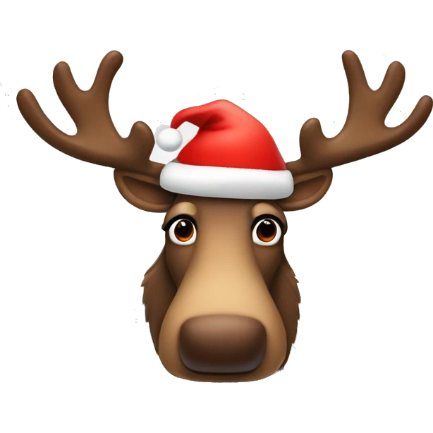 A moose wearing a Christmas hat with a red nose like Rudolph  emoji