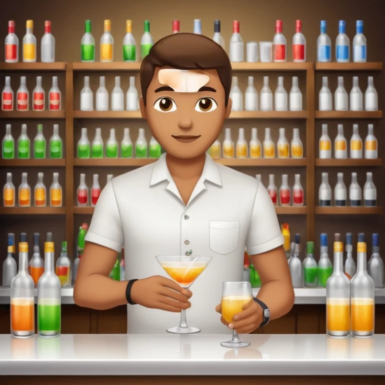 bartender mixing drinks, club backgroudn with bottles emoji