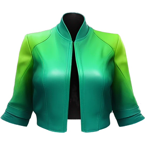 Realistic isolated side view of an open dark teal,lime green,mint green and emerald green ombre bolero fashion leather jacket. emoji