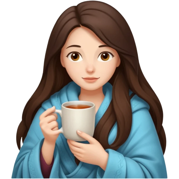 brunnette girl with long hair snuggled up in a blanket and holding a hot tea in her hands emoji