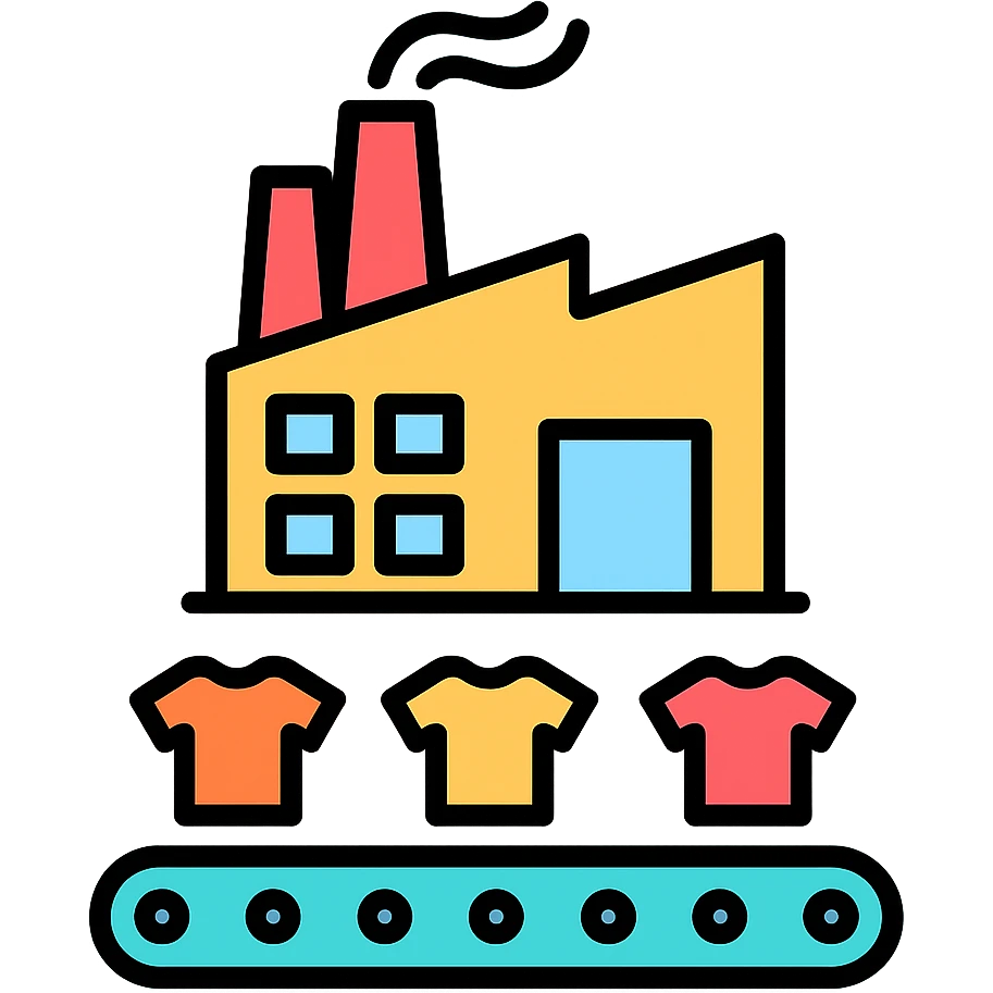 factory icon, multiple garments, production line, professional yet approachable emoji