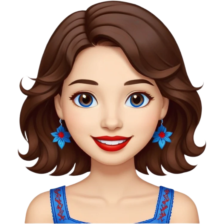 Cheerful woman with clear skin, round face, wide friendly smile, big light brown eyes, vibrant red lipstick, shoulder-length wavy dark brown hair, white top with blue embroidery and electric blue neckline emoji