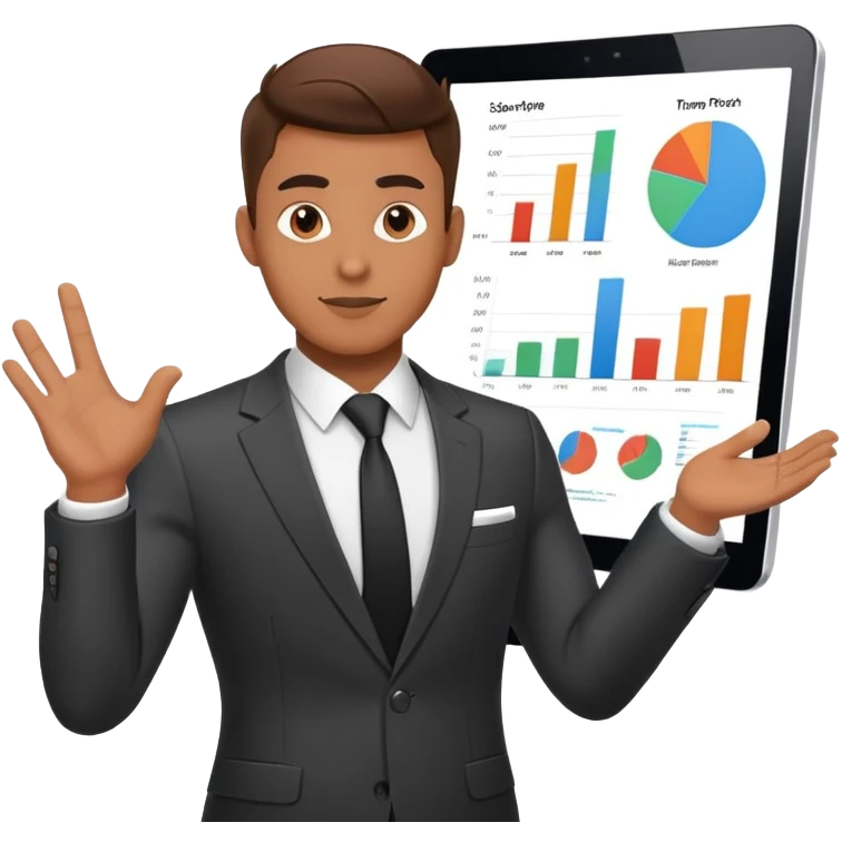 Cool guy in suit presenting a startup pitch deck with charts and graphs emoji