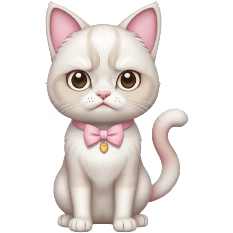 A White grumpy cat with light pink ears and paws and with a bow around its neck. The cat shall be on two legs emoji